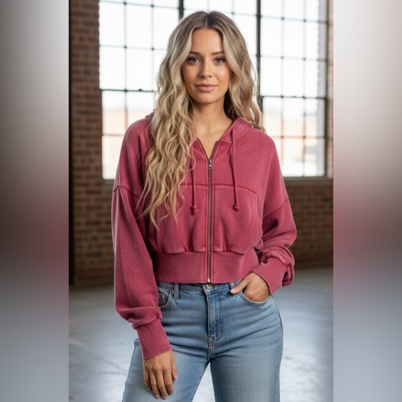 Double Zero Sweaters - NWT Acid Washed Cropped Zip Up Terry Hoodie Crop Hooded Sweatshirt Dark Red